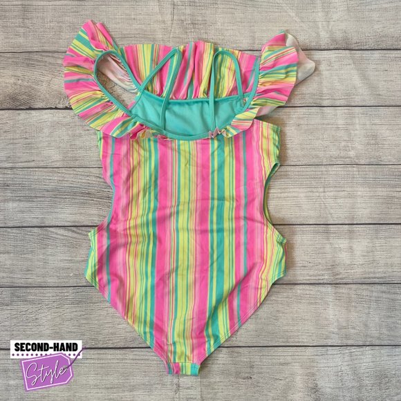 Wonder Nation Girls SzXL Neon Stripe Ruffle Swimsuit - Picture 2 of 2